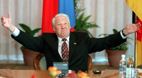 ** FILE ** Russian President Boris Yeltsin  gestures while speaking to the media in Bor, a wooden retreat outside Moscow, in this Thursday, March 26, 1998 file photo. Yeltsin, who engineered the final collapse of the Soviet Union and pushed Russia to embrace democracy and a market economy as the country's first post-Communist president, has died, a Kremlin official said Monday, April 23, 2007. He was 76.  (AP Photo/ Mikhail Metzel, File)